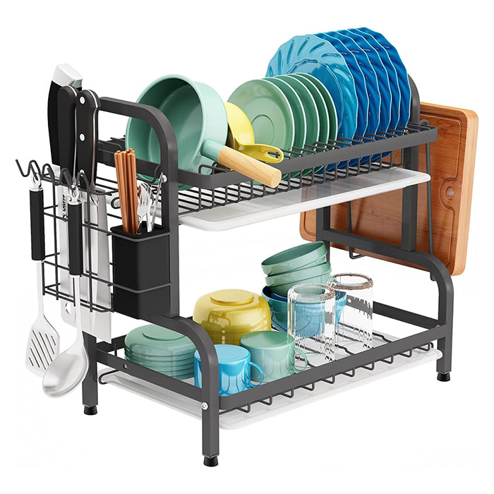 2 Tier Modern Large Dish Rack and Drain Board Set Kitchen Counter Drainer Sturdy and Balanced Design