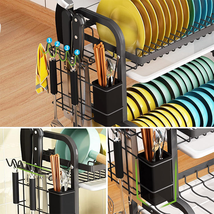 2 Tier Modern Large Dish Rack and Drain Board Set Kitchen Counter Drainer  Thickened Steel Construction