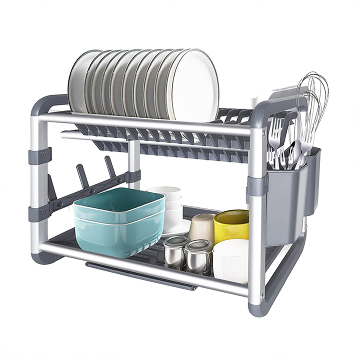 2 layer Aluminum Dish Rack Organizer for Kitchen Drying Stand with a Drain Tray  Functional Appearance