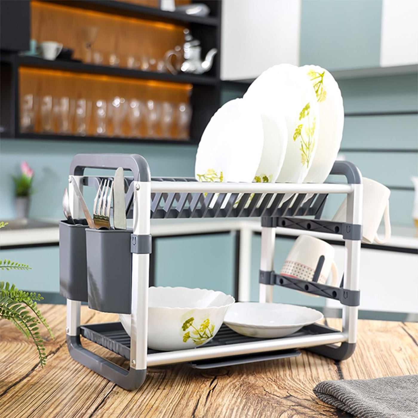 2 layer Aluminum Dish Rack Organizer for Kitchen to Keep 16 Plates, Bowls, Glasses, Cups, Cutlery/ Drying Stand with a Drain Tray