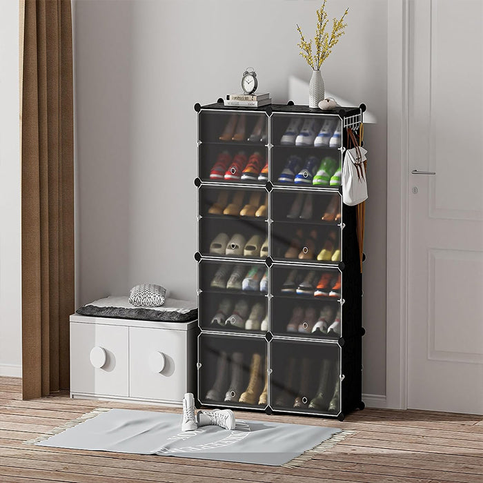 2x8 layer Shoe Rack Organizer, Shoe Storage Cabinet with Door Expandable Plastic Shoe Shelves Durable