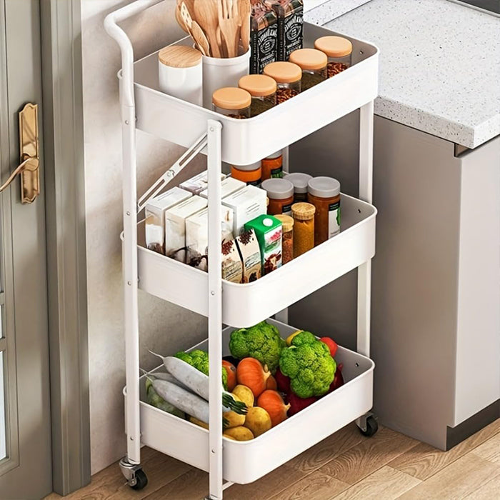 3-Tier Folding Storage Cart with 4 Caster Wheels - Heavy-Duty Carbon Steel Frame 