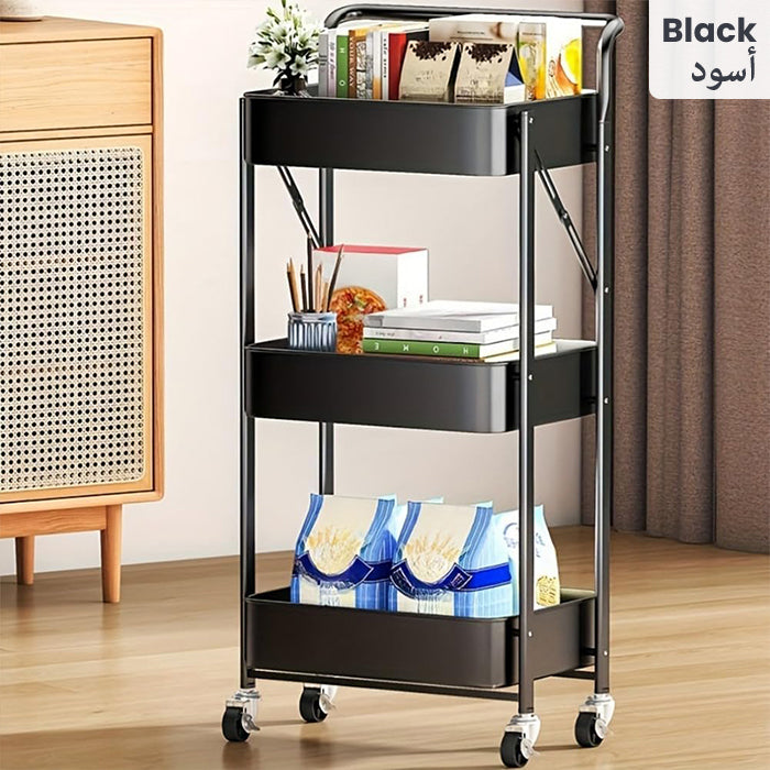 3-Tier Folding Storage Cart with 4 Caster Wheels - Heavy-Duty Carbon Steel Frame Black