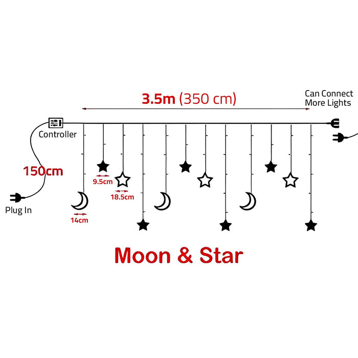 3.5M LED Star and Moon String Lights - Decorative Ramadan Led Lights for Indoor Outdoor dimensions