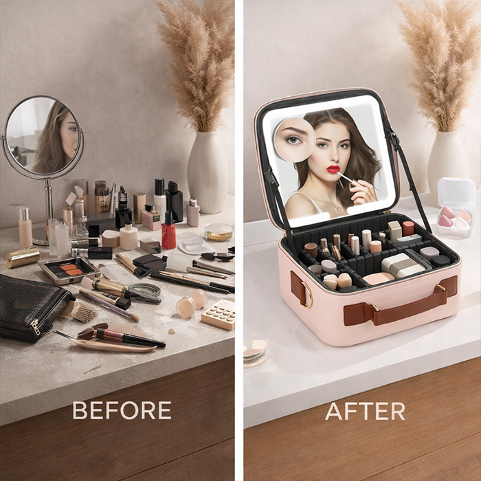 Portable LED Makeup Mirror Cosmetic Organizer Box