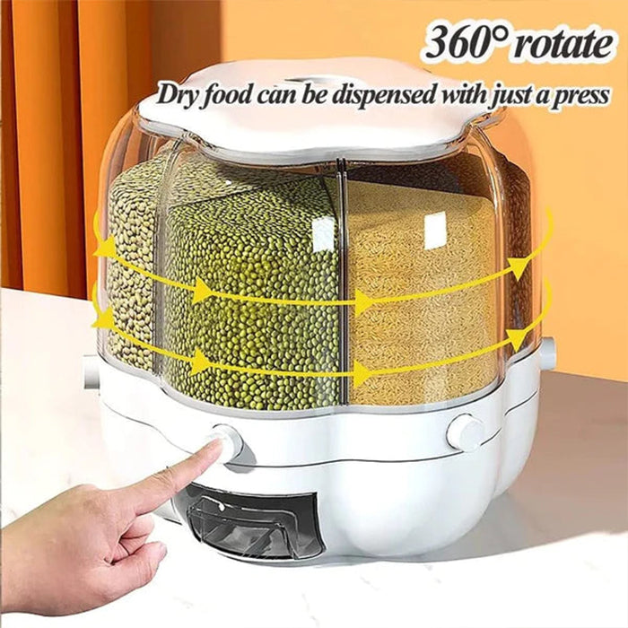 360 Degree Rotatable 6 Compartment 9 KG Rice and Grain Dispenser with Single Grind 360degree rotatable