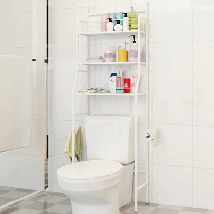 Sturdy Durable 3 Shelf Metal White Toilet Rack For Bathroom Organization With Hooks easy installation