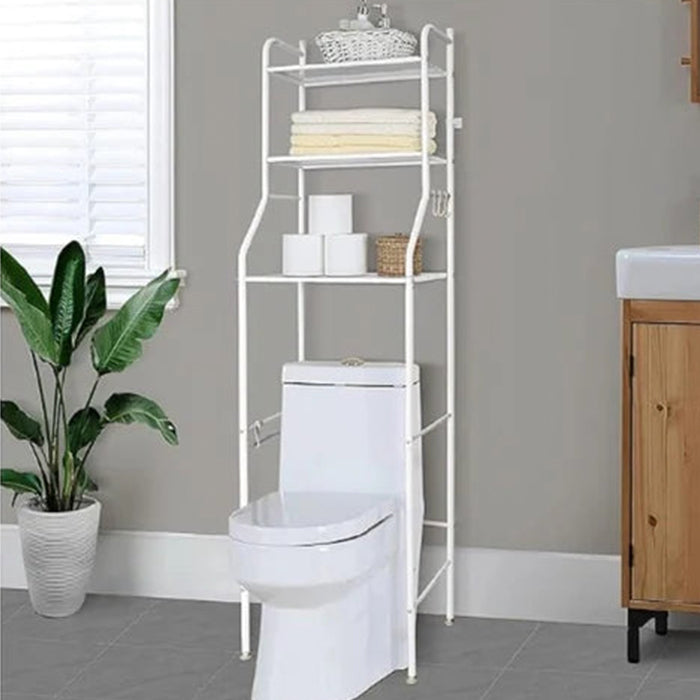 Sturdy Durable 3 Shelf Metal White Toilet Rack For Bathroom Organization With Hooks good quality