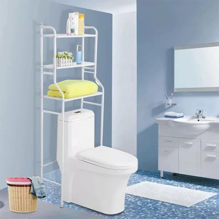 Sturdy Durable 3 Shelf Metal White Toilet Rack For Bathroom Organization With Hooks space saving