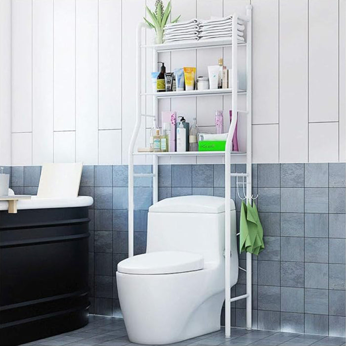Sturdy Durable 3 Shelf Metal White Toilet Rack For Bathroom Organization With Hooks