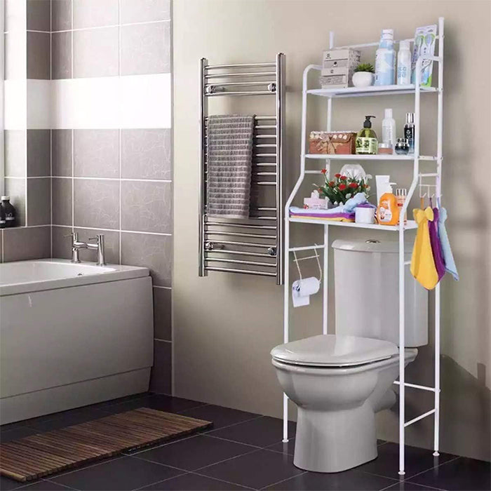 Sturdy Durable 3 Shelf Metal White Toilet Rack For Bathroom Organization With Hooks easy to fit