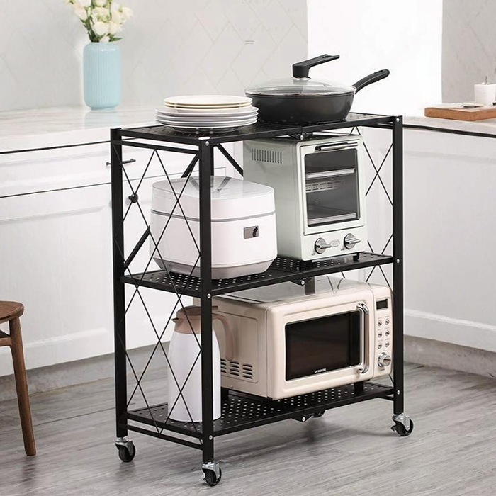 Three foldable multi-tiered black storage racks with movable wheels, displayed in different configurations in a room setting