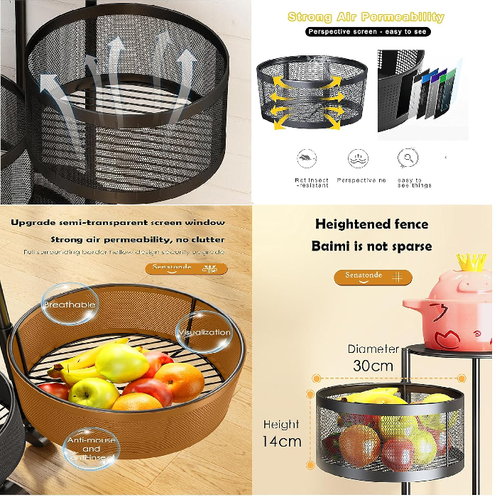 4-Tier Metal Storage Tower Basket Shelves Organiser on Rolling Wheels with Removal Drawers Durable