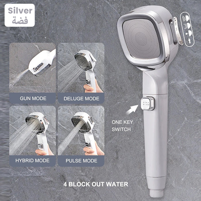 4 Modes High Pressure Shower Head, Water Saving Adjustable Shower with Filter Silver