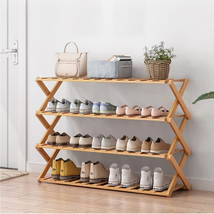 4 Tier Shoe Rack, Bamboo Shoe Rack, Multi Tier Foldable Shoe Organizer Durable