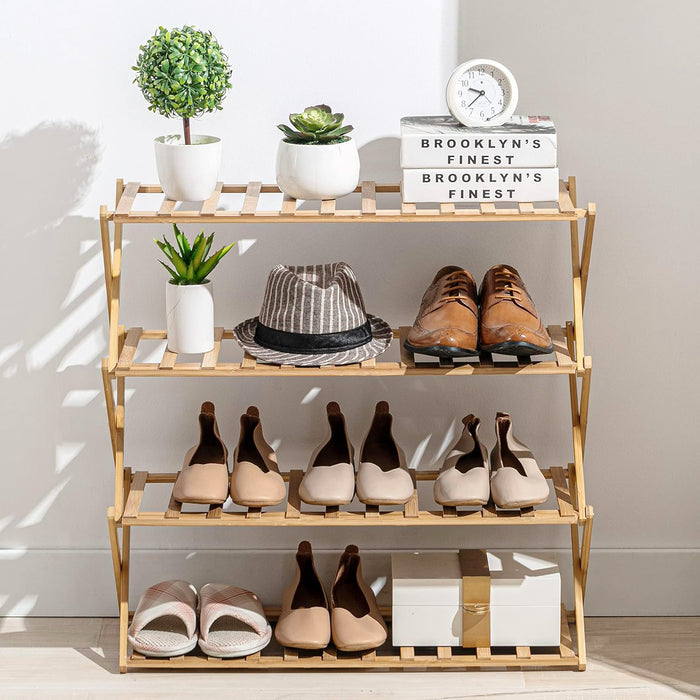 4 Tier Shoe Rack, Bamboo Shoe Rack, Multi Tier Foldable Shoe Organizer Multi-Layer Capacity