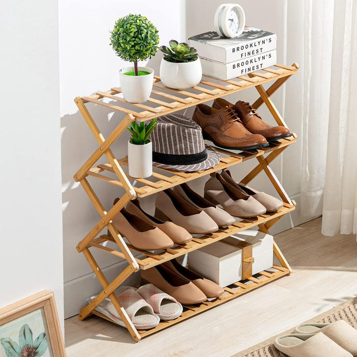 4 Tier Shoe Rack, Bamboo Shoe Rack, Multi Tier Foldable Shoe Organizer Space saver