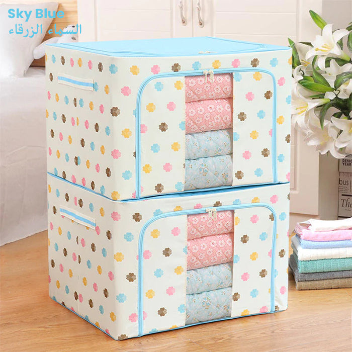 72L Foldable Cloth Storage Organizer Box, Large Capacity Wardrobe Organizer with Steel Frame Support sky blue