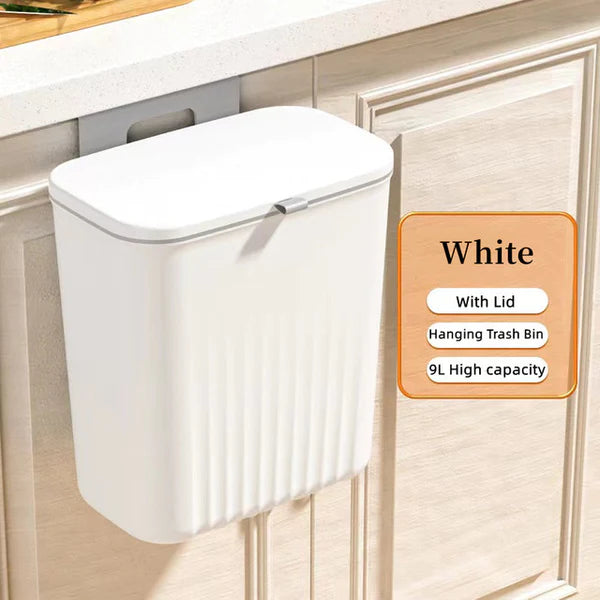 9L Trash Can Wall Mounted Hanging Bin for Kitchen Cabinet Door With Lid White