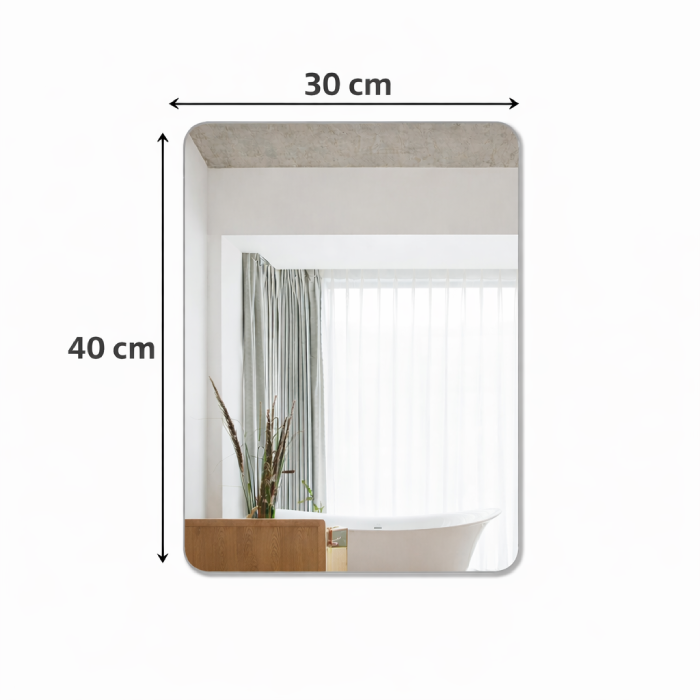 Self adhesive acrylic mirror tiles showing size dimensions, suitable for bathroom and bedroom use in Qatar