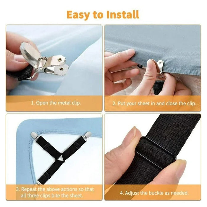 Adjustable Bed Sheet Holder Straps - Triangle Elastic Suspenders with Gripper Clips for Bedsheets, Mattresses installation