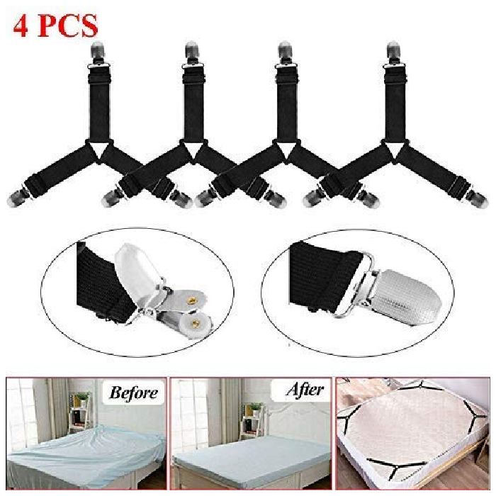 Adjustable Elastic Bed Sheet Fasteners and 3 Way Mattress Cover Holder Fasteners 4 pcs