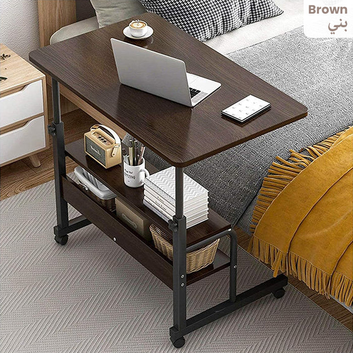 Adjustable Laptop Stand Desk, 3-Tier Overbed Table On Wheels Brown