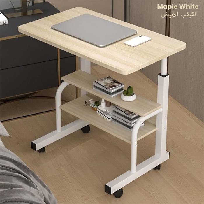 Adjustable Laptop Stand Desk, 3-Tier Overbed Table On Wheels Maple white