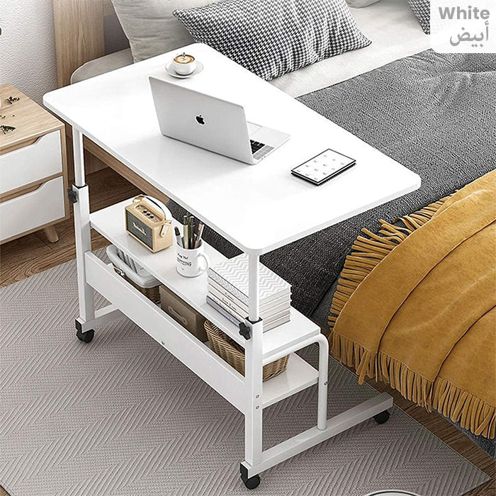 Adjustable Laptop Stand Desk, 3-Tier Overbed Table On Wheels White