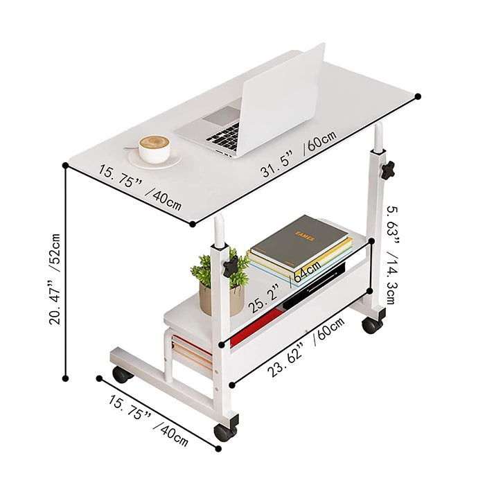 Adjustable Laptop Stand Desk, 3-Tier Overbed Table On Wheels White dimensions