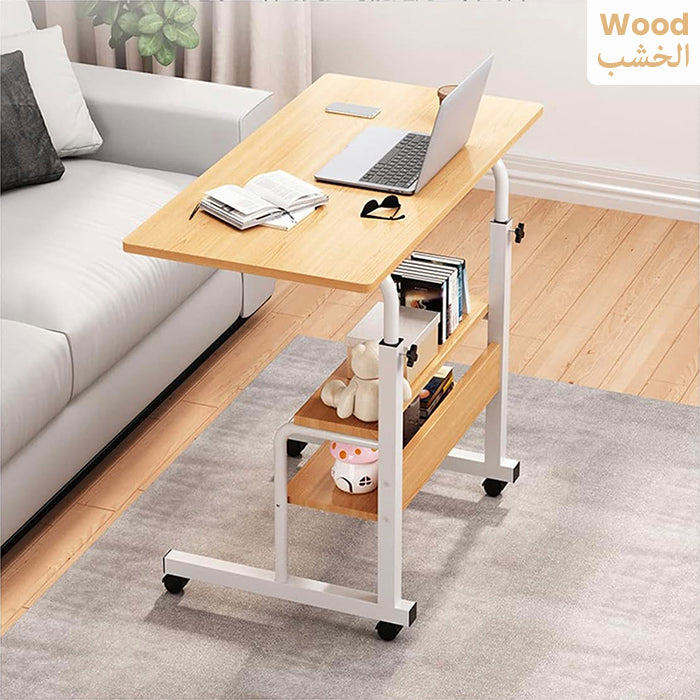 Adjustable Laptop Stand Desk, 3-Tier Overbed Table On Wheels Wood