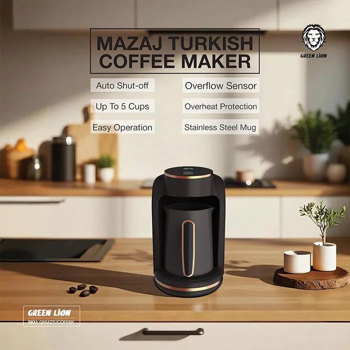 Mazaj turkish coffee maker with auto shut off and stainless mug in kitchen Homesouq Qatar