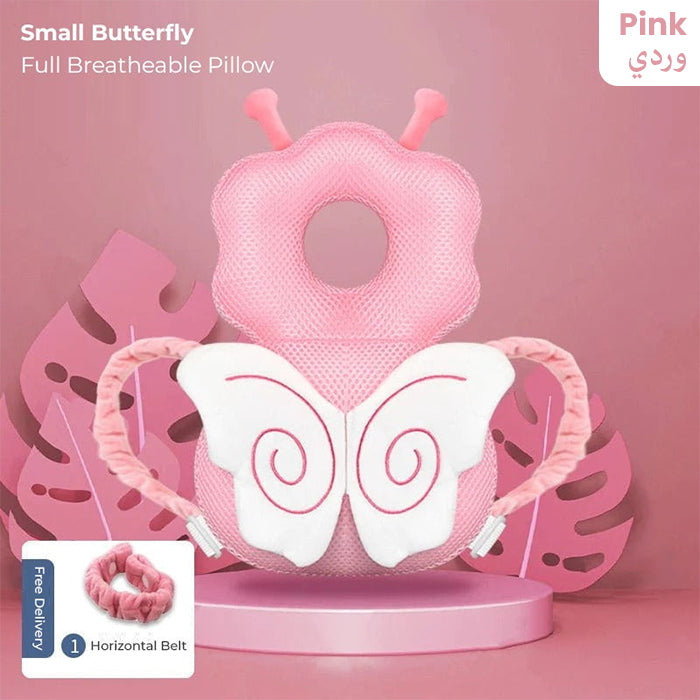 Pink butterfly-shaped baby head protector pillow with full breathable design and horizontal safety belt