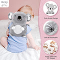 Grey baby head protector pillow with cute cola design, soft and breathable, filled with safe PP cotton, worn by baby sitting