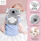 Grey baby head protector pillow with cute cola design, soft and breathable, filled with safe PP cotton, worn by baby sitting