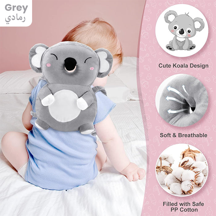 Grey baby head protector pillow with cute cola design, soft and breathable, filled with safe PP cotton, worn by baby sitting