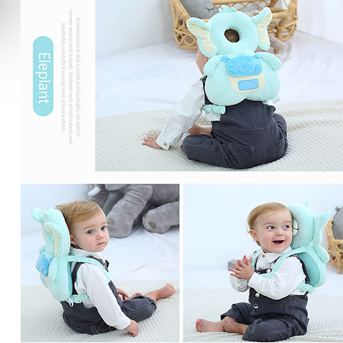 Light blue elephant-shaped baby head protector pillow worn by baby for safety and comfort