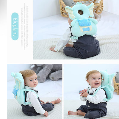 Light blue elephant-shaped baby head protector pillow worn by baby for safety and comfort