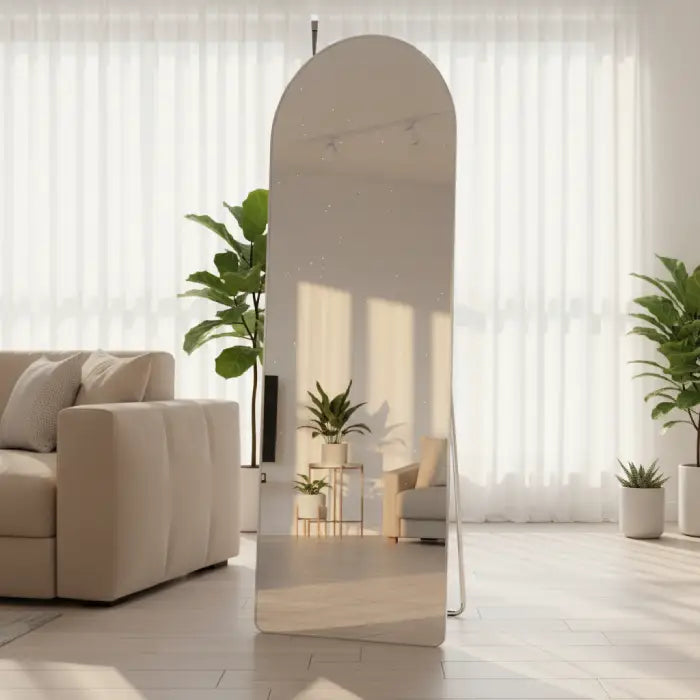 Bedroom mirror reflecting spacious living area with bright natural light Homesouq Qatar