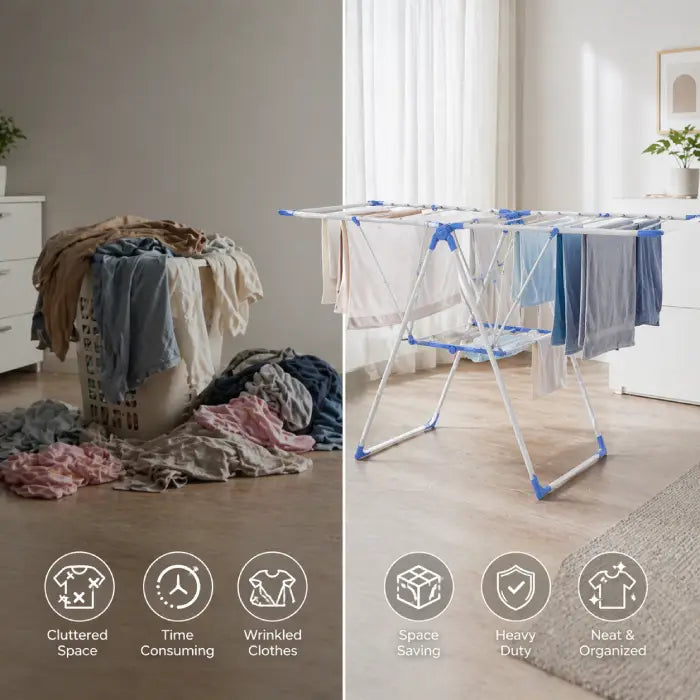Foldable cloth laundry drying stand before and after use showing organized clothes drying in home Homesouq Qatar