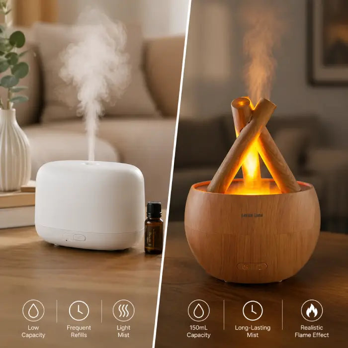 Green Lion flame mist air diffuser before and after use showing improved room ambiance in Homesouq Qatar