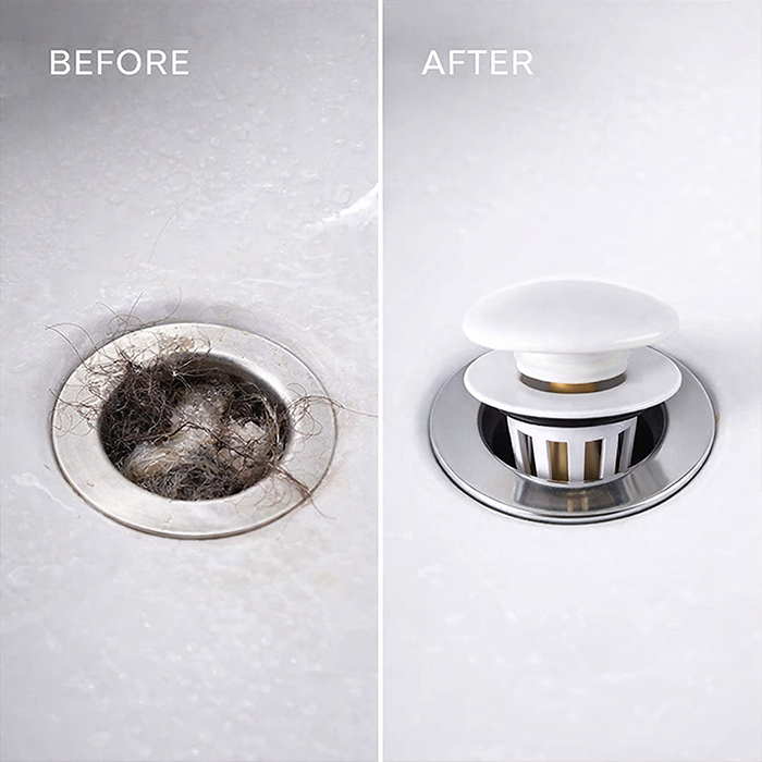 Before and after bathroom floor drain hair catcher stopper showing clean shower drain results in Qatar