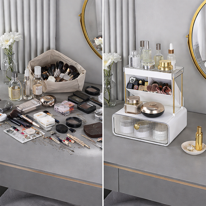 Before and after vanity makeup organizer with drawer showing cluttered cosmetics and neat storage solution Homesouq Qatar