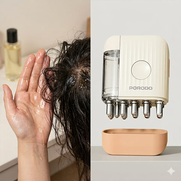 Before manual hair oil application by hand vs after using scalp massage oil applicator for even distribution Homesouq Qatar