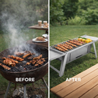 Portable heavy duty BBQ grill rack before and after outdoor cooking setup improvement Qatar