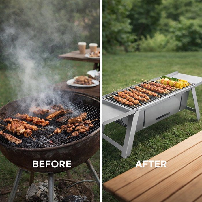 Portable heavy duty BBQ grill rack before and after outdoor cooking setup improvement Qatar