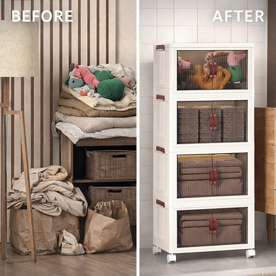 Before and after foldable shelf rack kitchen storage cabinet organizing clutter into neat steel rack storage Qatar