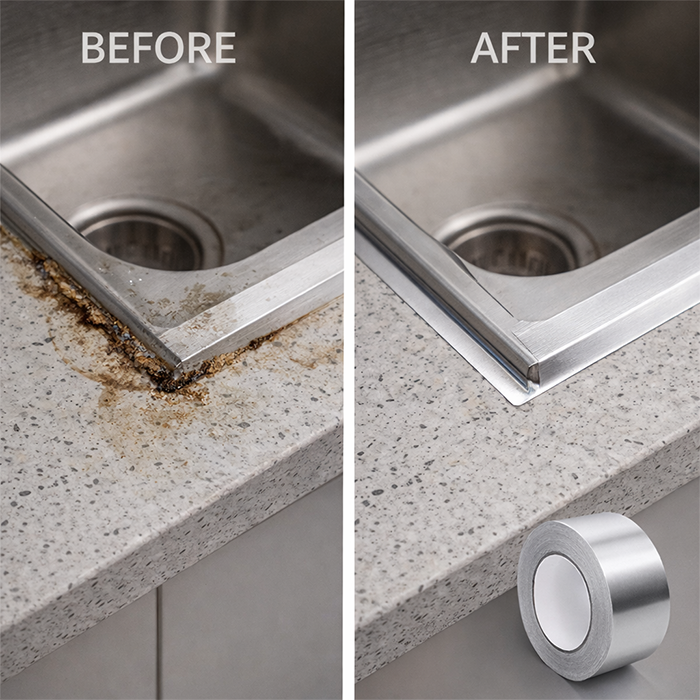 Before and after repair using high temperature foil insulation tape sealing pipe leaks in kitchen Qatar