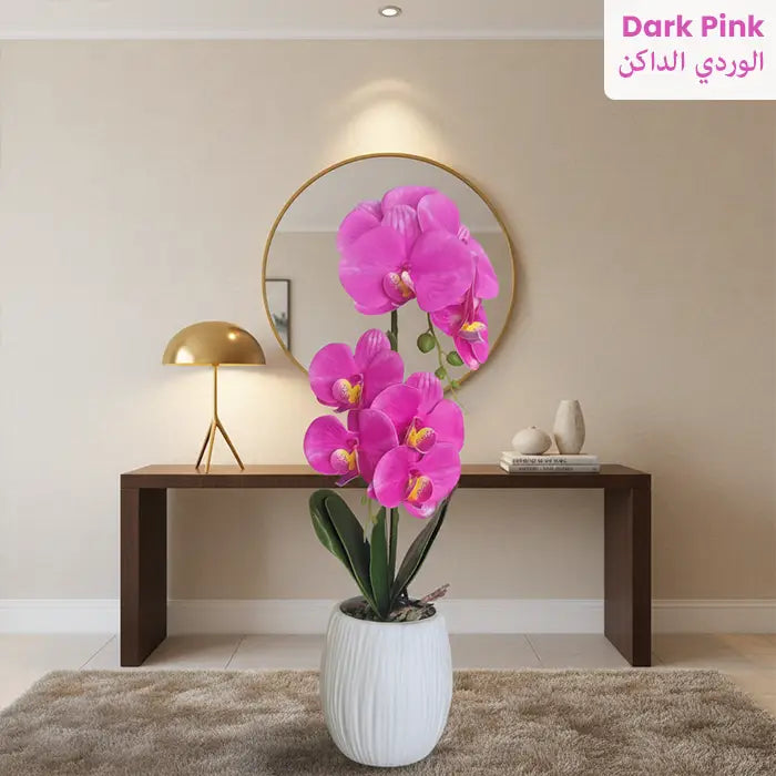 Dark pink orchid decor with stylish flower pot stand for home interior Homesouq Qatar