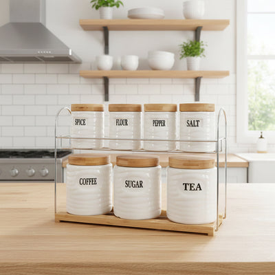 Ceramic jar set displayed in a bright modern kitchen setup Qatar